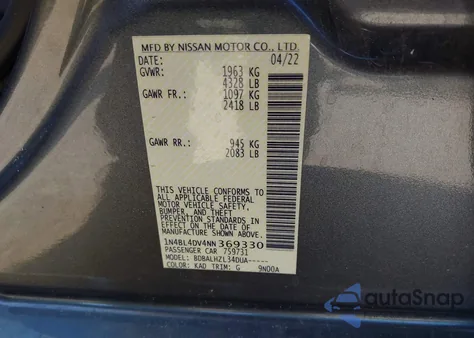 2022 Nissan Altima Sv Fwd z USA, uszkodzony, nr VIN 1N4BL4DV4NN369330